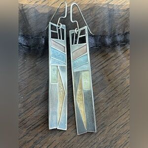 Geometric Multicolor Dangle Earrings by Carly Wright. Enamel on silver. 2 3/4”.